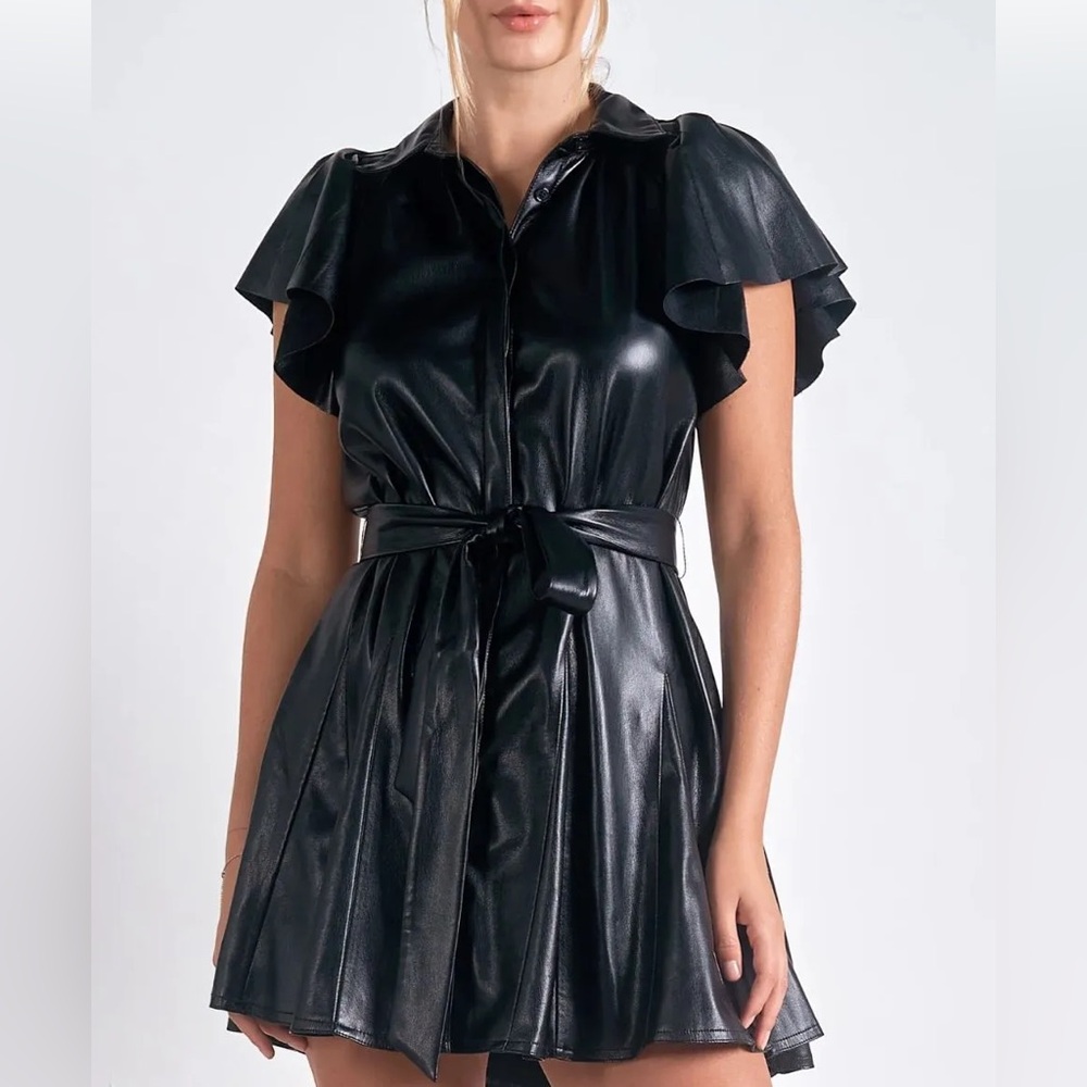 ELAN Medium Black Faux Leather Tie-Waist Mini Dress